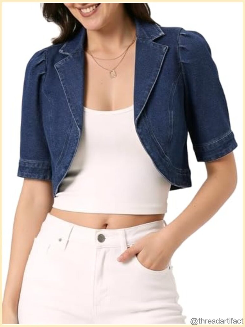 Cropped Denim Jacket Short Puff Sleeve Cotton Blend Womens